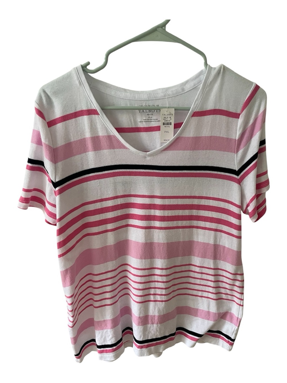 NWT Talbots Petite XL White Tee with Pink & Black Stripes V-Neck 100% Cotton